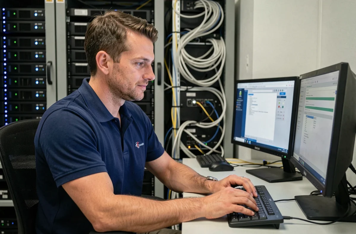 Technicien informatique AcolIT configurant un serveur réseau dans une salle équipée
