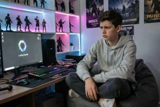 Adolescent frustré devant un écran de chargement infini sur Fortnite dans une chambre de gamer