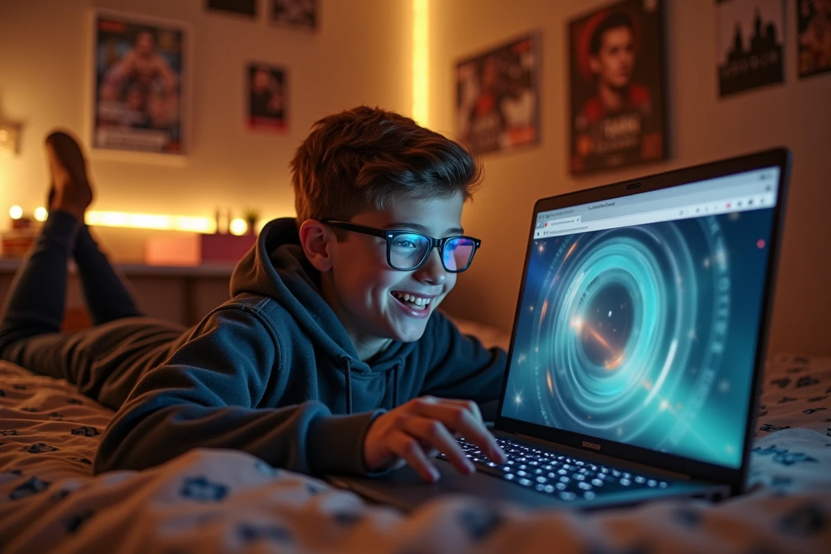 Adolescent allongé sur son lit riant devant son ordinateur portable avec l'animation Do a Barrel Roll de Google