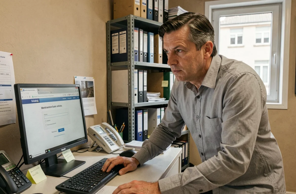 Agent administratif se connectant à une interface webmail sur un ordinateur de bureau dans un bureau institutionnel