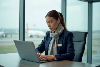 Agent de compagnie aérienne au bureau avec ordinateur