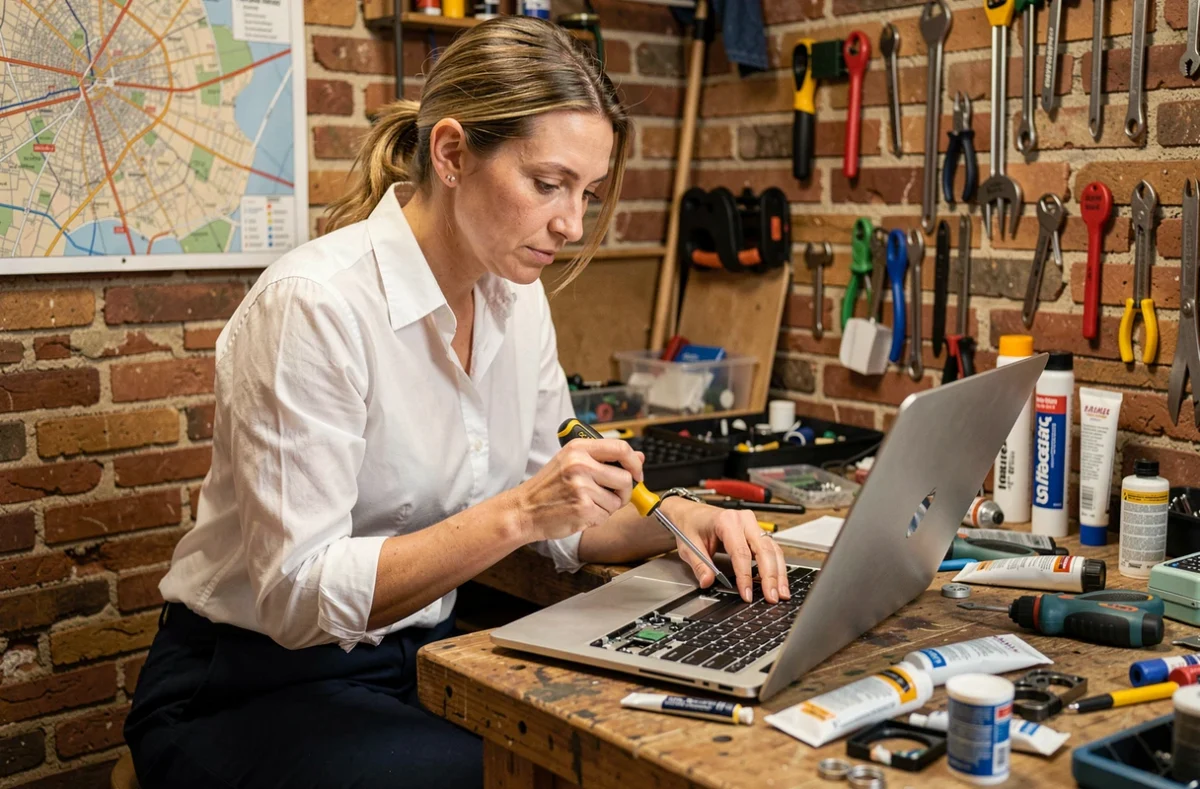 Technicienne informatique réparant un ordinateur portable dans un atelier à Toulouse, représentant le service Améliorer Informatique