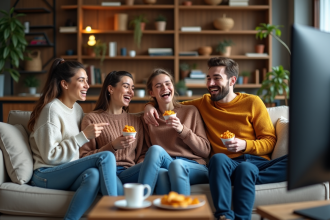 Groupe d'amis riant devant la télé dans un salon chaleureux