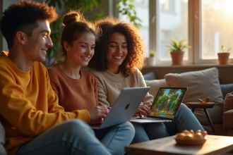 Groupe d'amis jouant à un jeu coloré sur un ordinateur dans un salon chaleureux