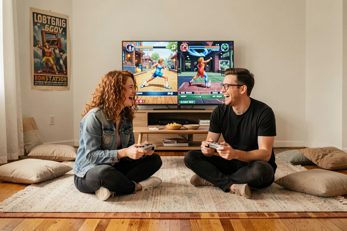 Deux amis jouant ensemble à des jeux rétro via RomStation sur un grand écran TV dans un salon convivial
