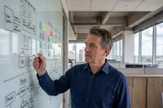 Architecte d'entreprise analysant des diagrammes de système d'information sur un tableau blanc dans un bureau moderne