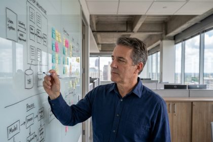 Architecte d'entreprise analysant des diagrammes de système d'information sur un tableau blanc dans un bureau moderne