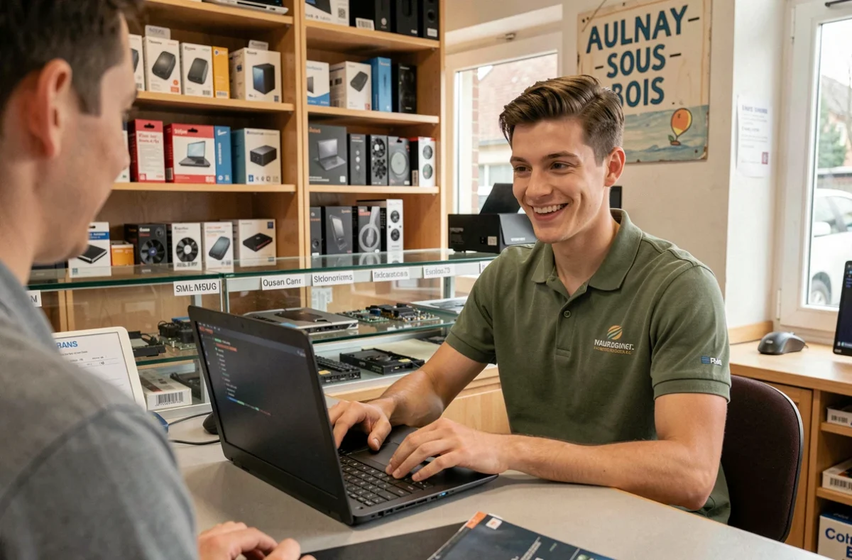 Technicien Aulnay Micro Services expliquant un diagnostic d'ordinateur portable à un client en boutique