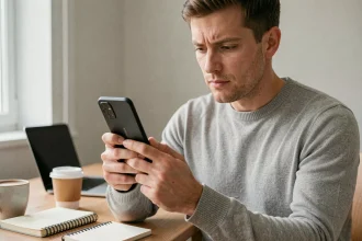 Homme tenant un smartphone Xiaomi 15 lors d'une session de test et d'avis détaillé dans un bureau moderne