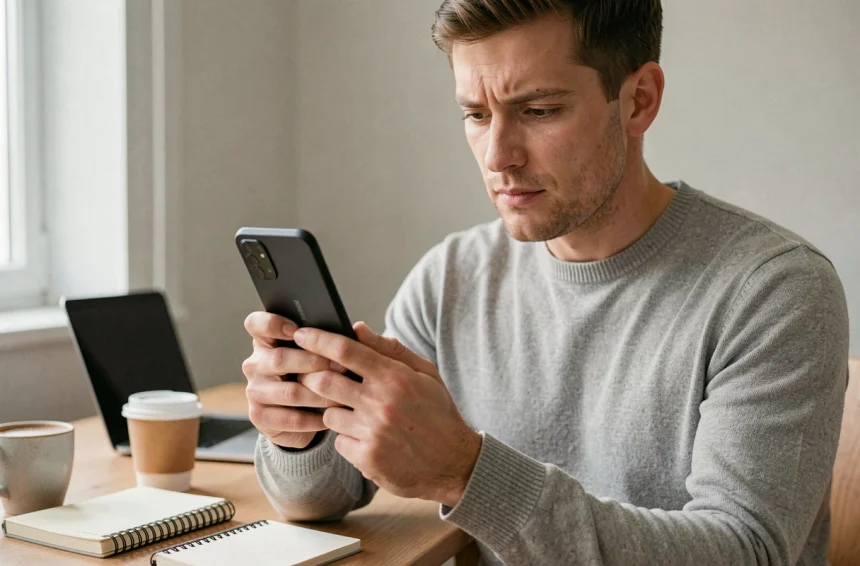 Homme tenant un smartphone Xiaomi 15 lors d'une session de test et d'avis détaillé dans un bureau moderne
