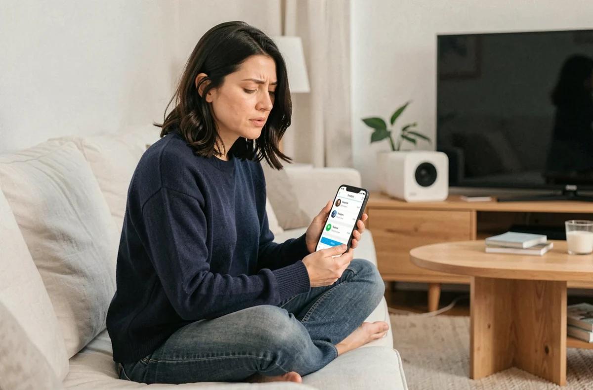 Femme vérifiant sur son smartphone les appareils connectés à sa Freebox depuis son salon pour détecter un intrus sur le réseau