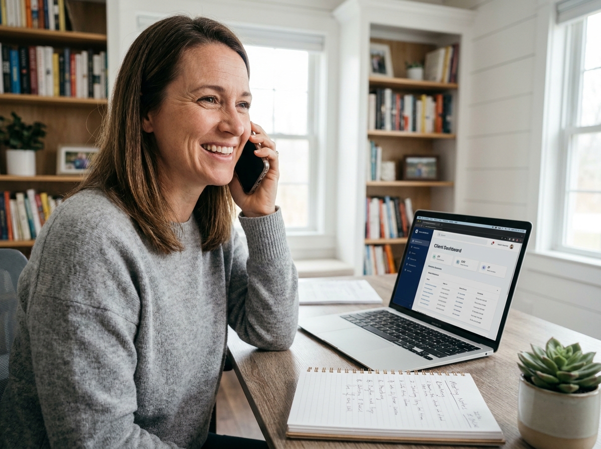 Femme entrepreneur souriant au téléphone dans son bureau à domicile lors d'une recommandation client