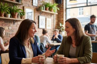 Deux femmes d'affaires échangeant des recommandations clients autour d'un café en terrasse urbaine