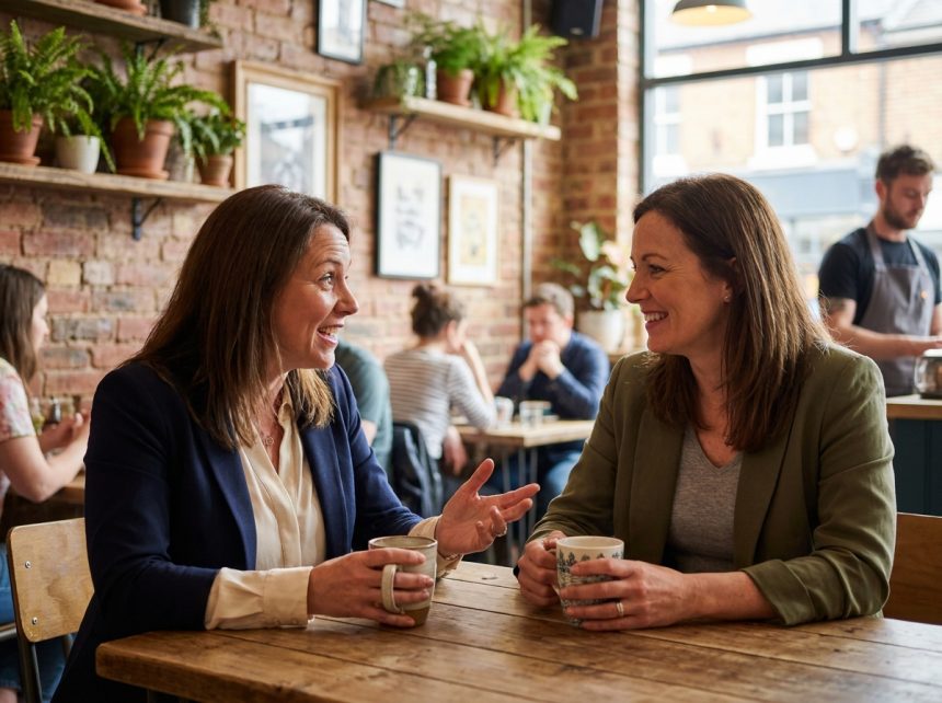 Deux femmes d'affaires échangeant des recommandations clients autour d'un café en terrasse urbaine