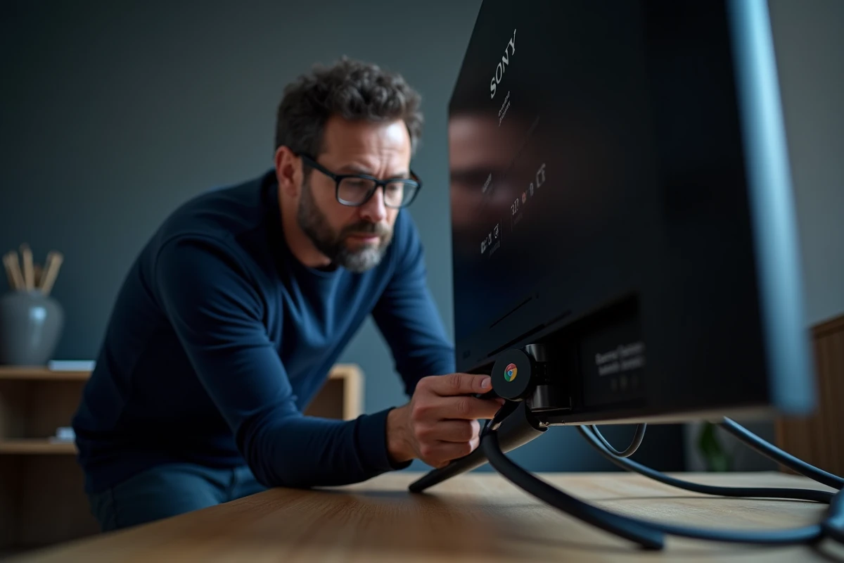 Homme branchant un Chromecast sur le port HDMI d'une télévision Sony depuis l'arrière