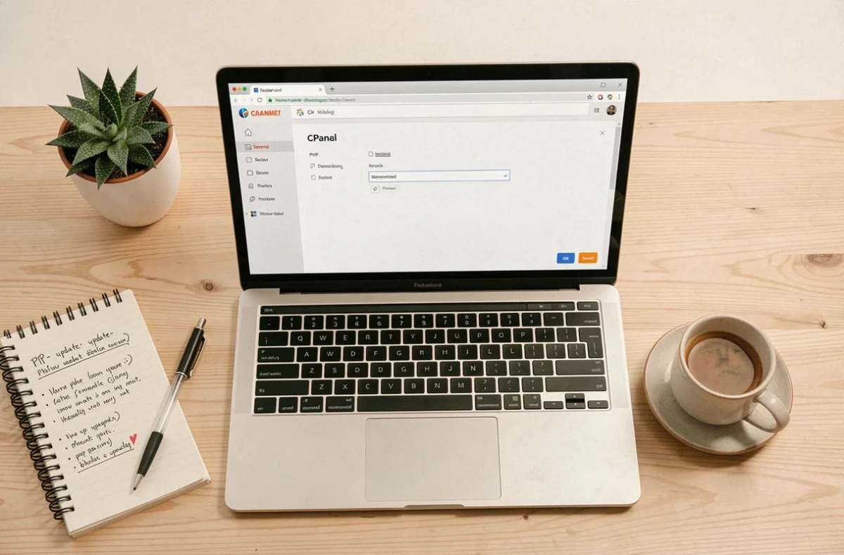 Vue de dessus d'un bureau minimaliste avec interface cPanel de sélection de version PHP WordPress