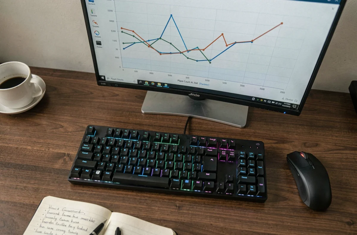 Gros plan d'un bureau gaming avec graphique de tendances du nombre de joueurs League of Legends affiché à l'écran