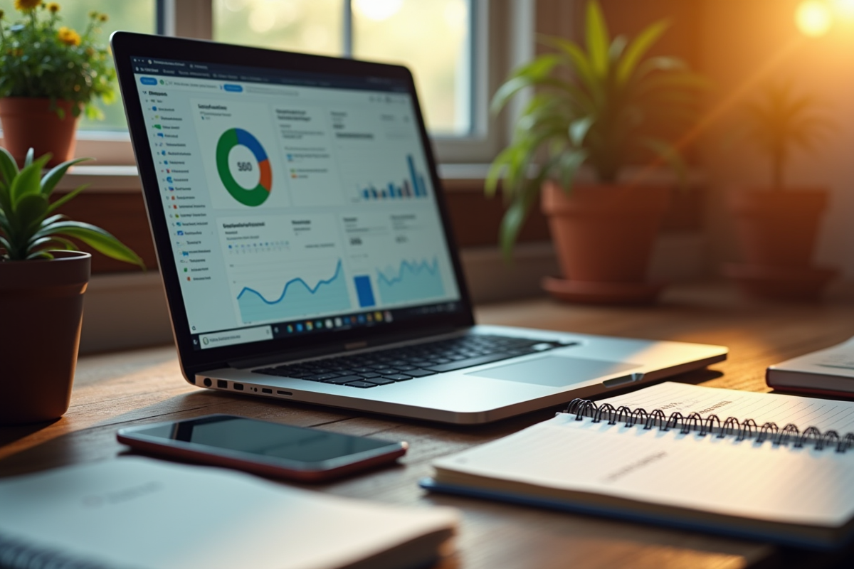 Bureau avec ordinateur affichant un tableau de bord SEO et idées de mots-clés
