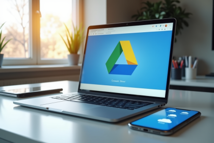 Bureau moderne avec ordinateur affichant Google Drive