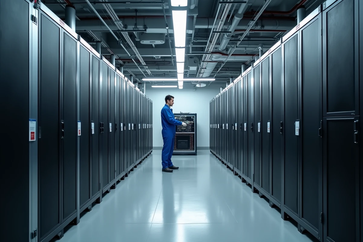 Centre de données d'informatique quantique avec unités de refroidissement cryogénique et technicien en combinaison de salle blanche
