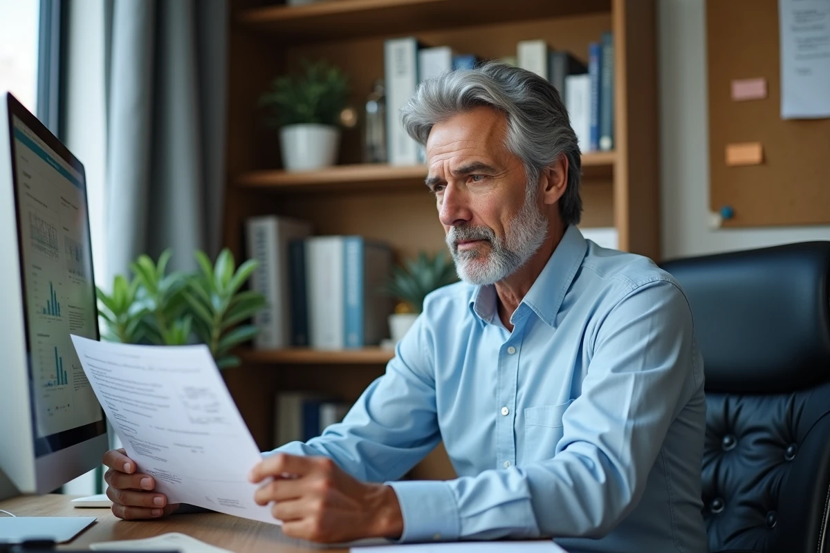 Chef d'entreprise analysant une liste comparative de logiciels PME dans son bureau à domicile