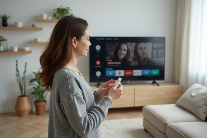 Femme tenant un dongle Chromecast devant une télévision intelligente dans un salon moderne