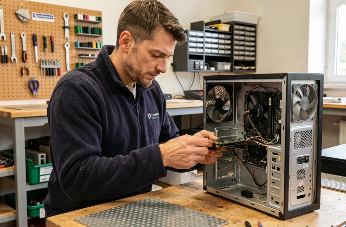Technicien Cimw réparant un ordinateur de bureau ouvert sur un établi d'atelier informatique