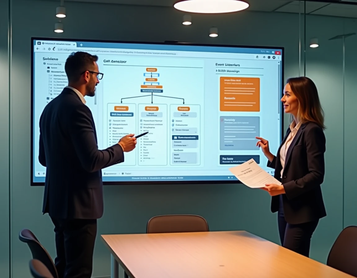 Deux développeurs collaborant devant un écran affichant une architecture d'interface GUI en salle de réunion