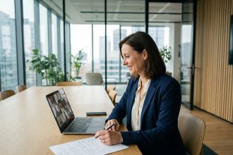 Femme professionnelle en réunion vidéo internationale consultant un document multilingue dans un bureau moderne vitré