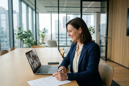 Femme professionnelle en réunion vidéo internationale consultant un document multilingue dans un bureau moderne vitré