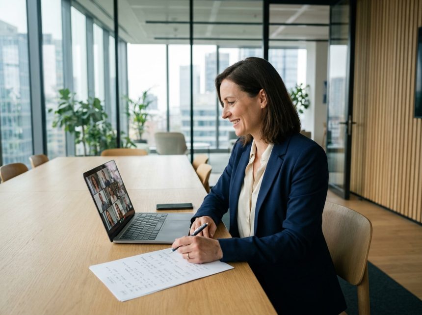 Femme professionnelle en réunion vidéo internationale consultant un document multilingue dans un bureau moderne vitré