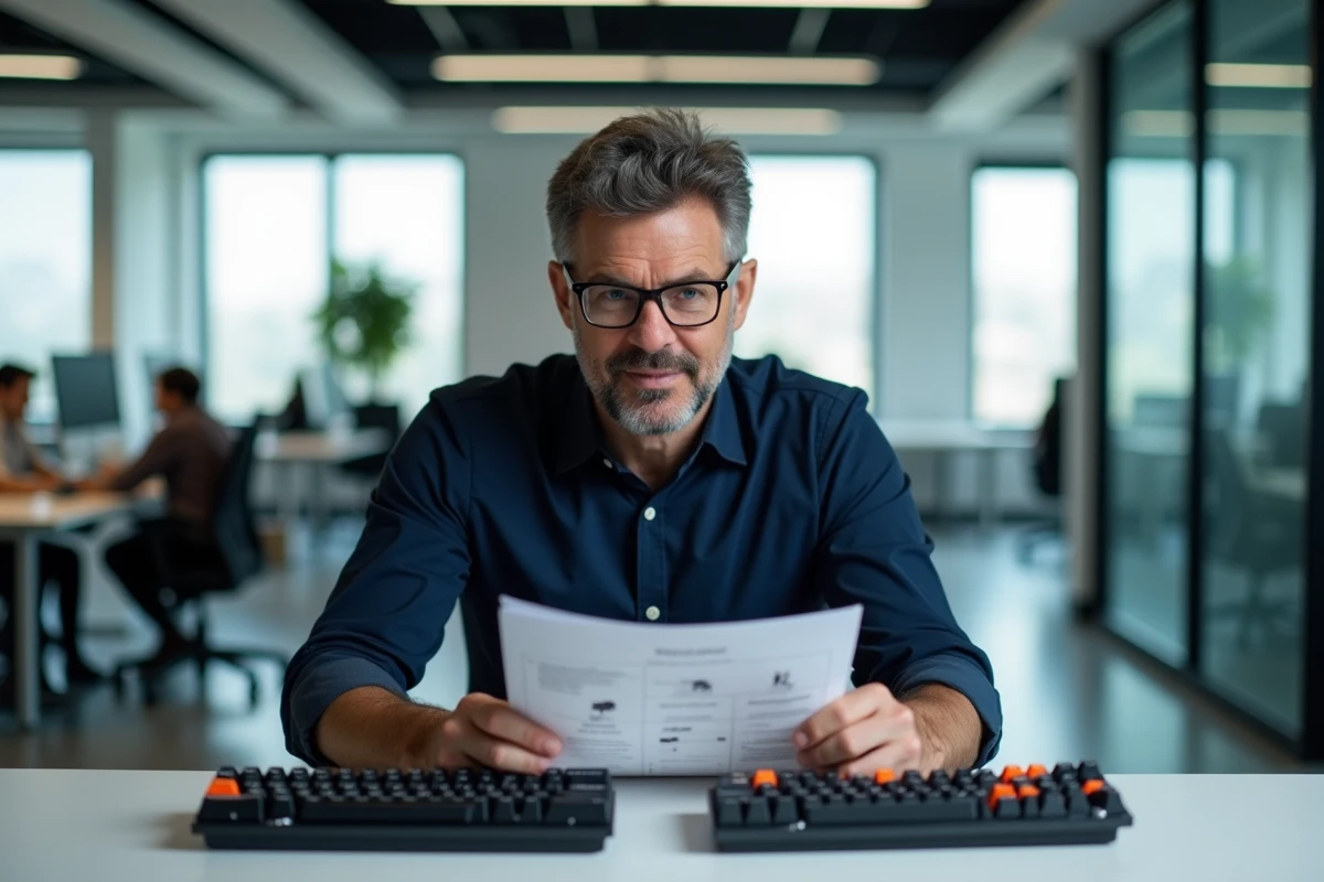 Homme comparant deux claviers côte à côte, un clavier international et un clavier avec accents espagnols en bureau open-space
