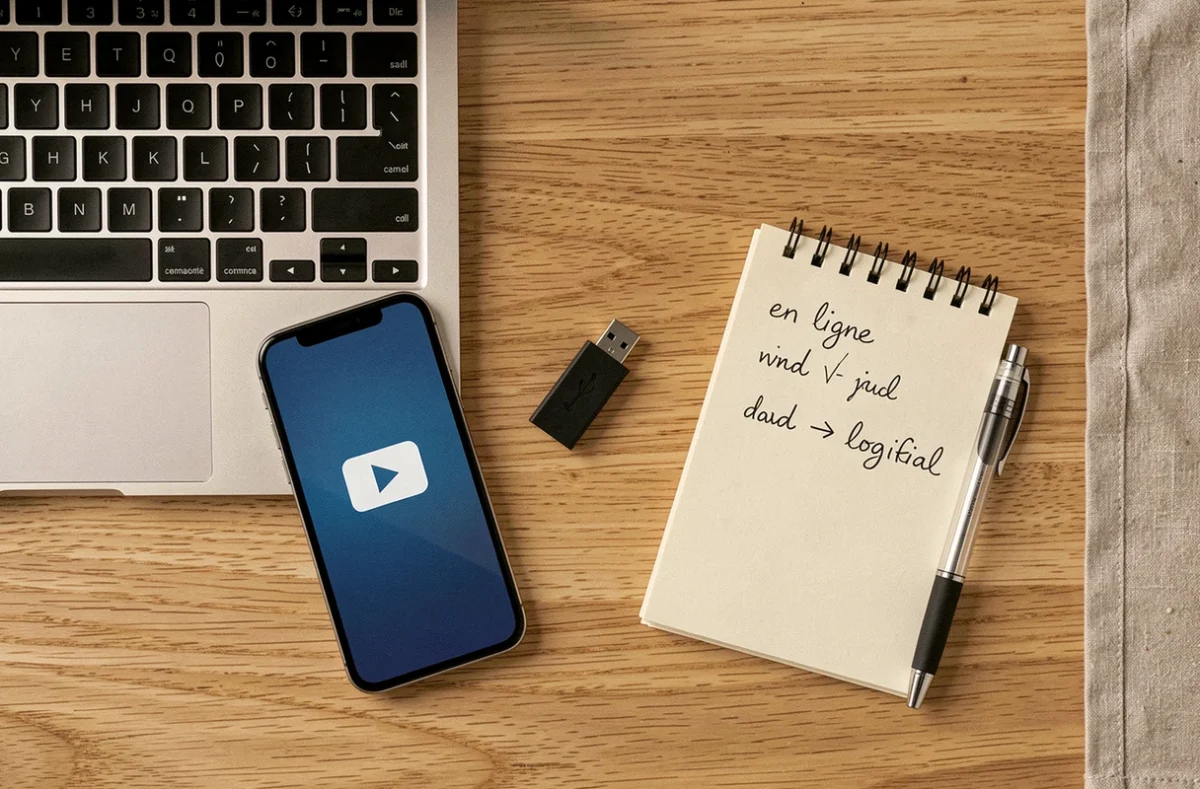 Vue aérienne d'un bureau avec ordinateur portable, clé USB et notes comparant convertisseur vidéo en ligne et logiciel