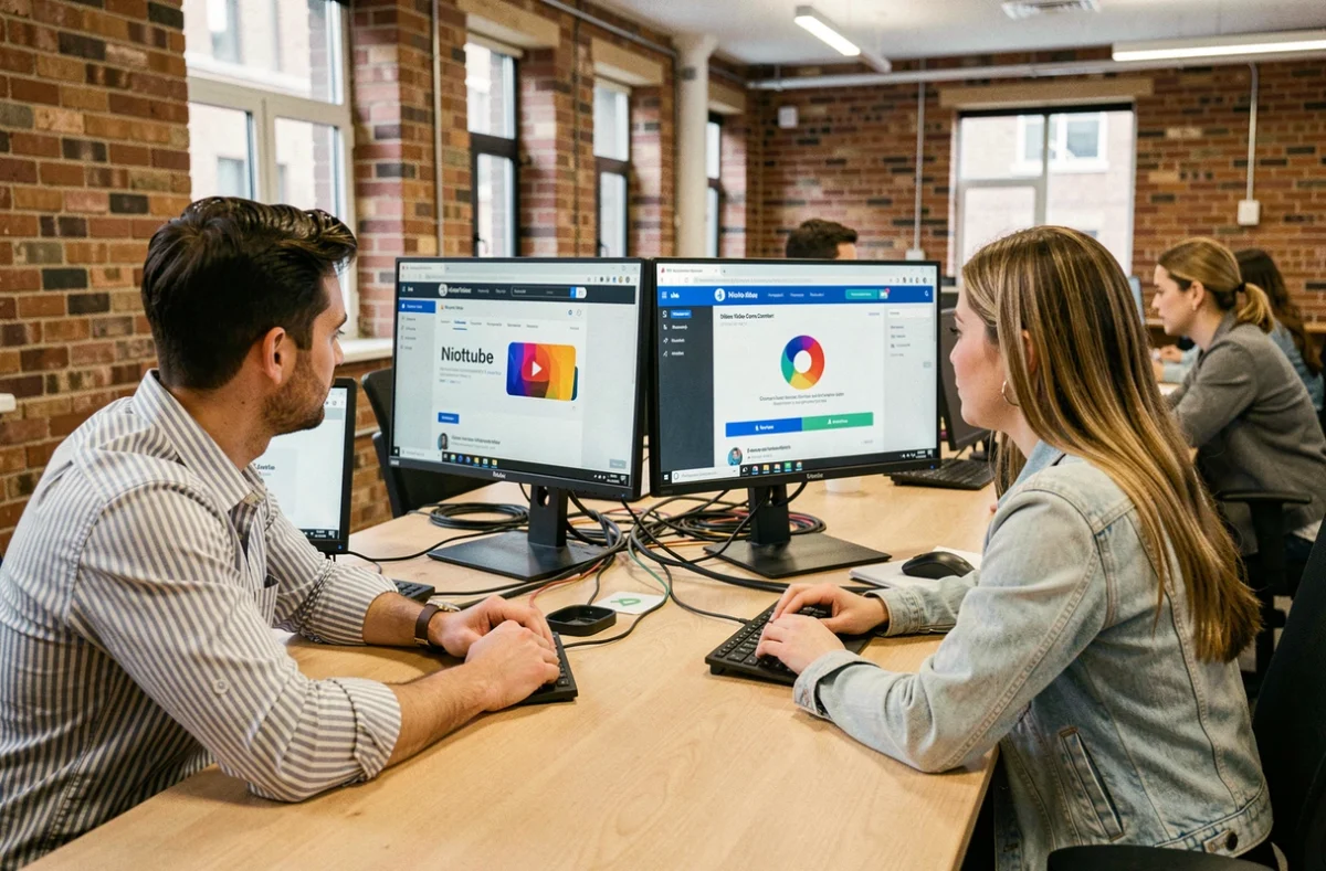 Deux collègues comparant des alternatives à Niotube sur des écrans d'ordinateur dans un espace de coworking