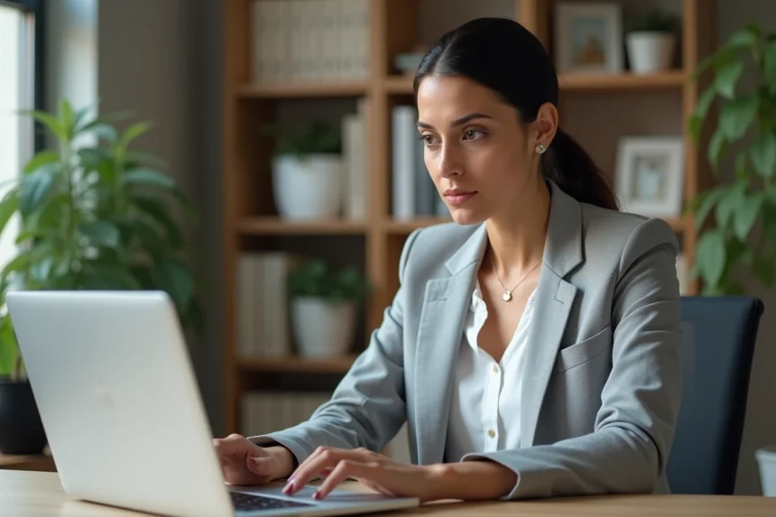 Femme professionnelle comparant 1&1 Webmail et Gmail Pro sur un ordinateur portable dans un bureau à domicile