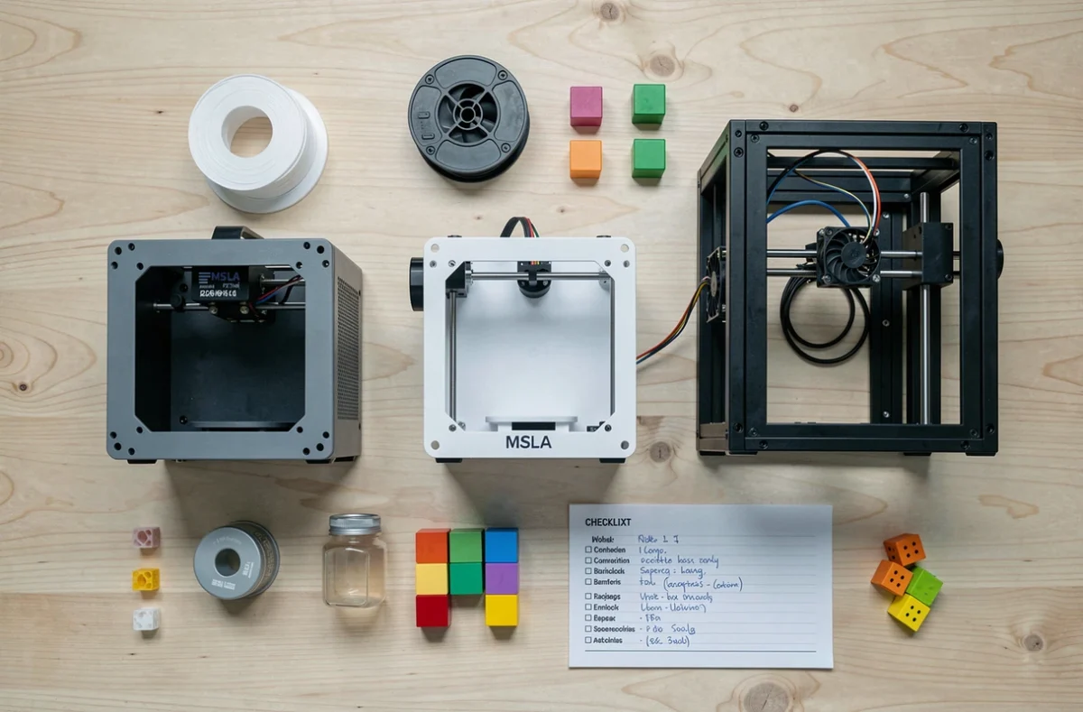 Vue aérienne comparative de trois imprimantes 3D pour débutants avec accessoires et objets imprimés