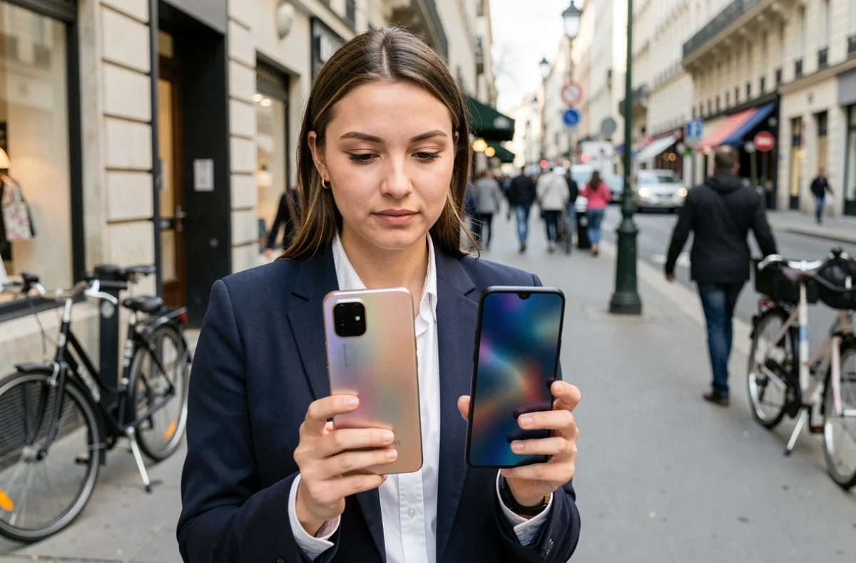 Femme comparant le Xiaomi 15 à un autre smartphone concurrent dans un environnement urbain en extérieur