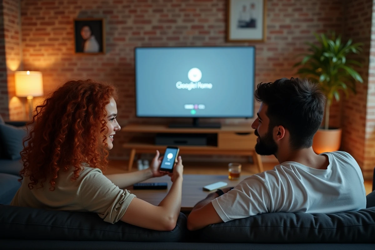 Couple configurant un Chromecast sur une télévision Samsung avec un smartphone dans un appartement cosy