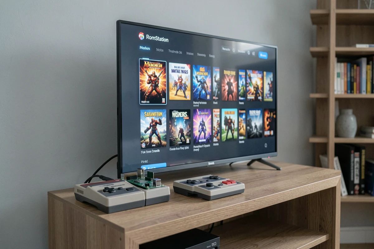 Configuration matérielle de RomStation avec Raspberry Pi et manettes branchés sur un téléviseur dans un salon moderne