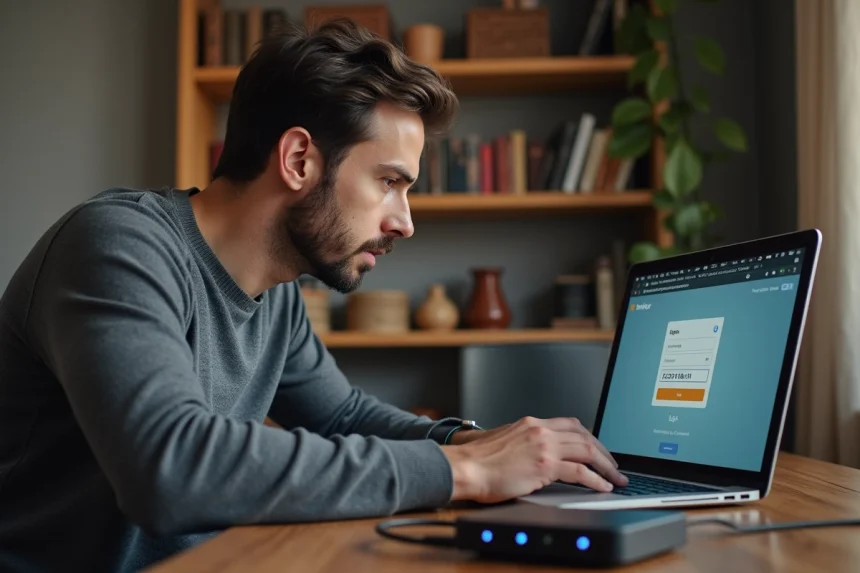 Homme configurant la sécurité de son réseau domestique via l'interface d'administration du routeur sur un ordinateur portable