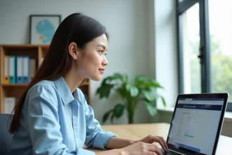 Enseignante connectée au portail académique d'Amiens sur un ordinateur portable dans un bureau scolaire moderne
