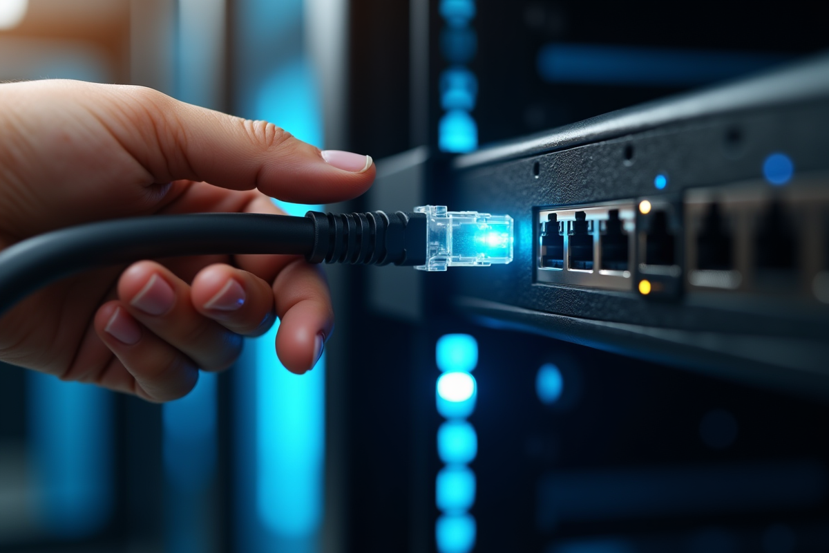 Main branchant un câble Ethernet sur un serveur sécurisé