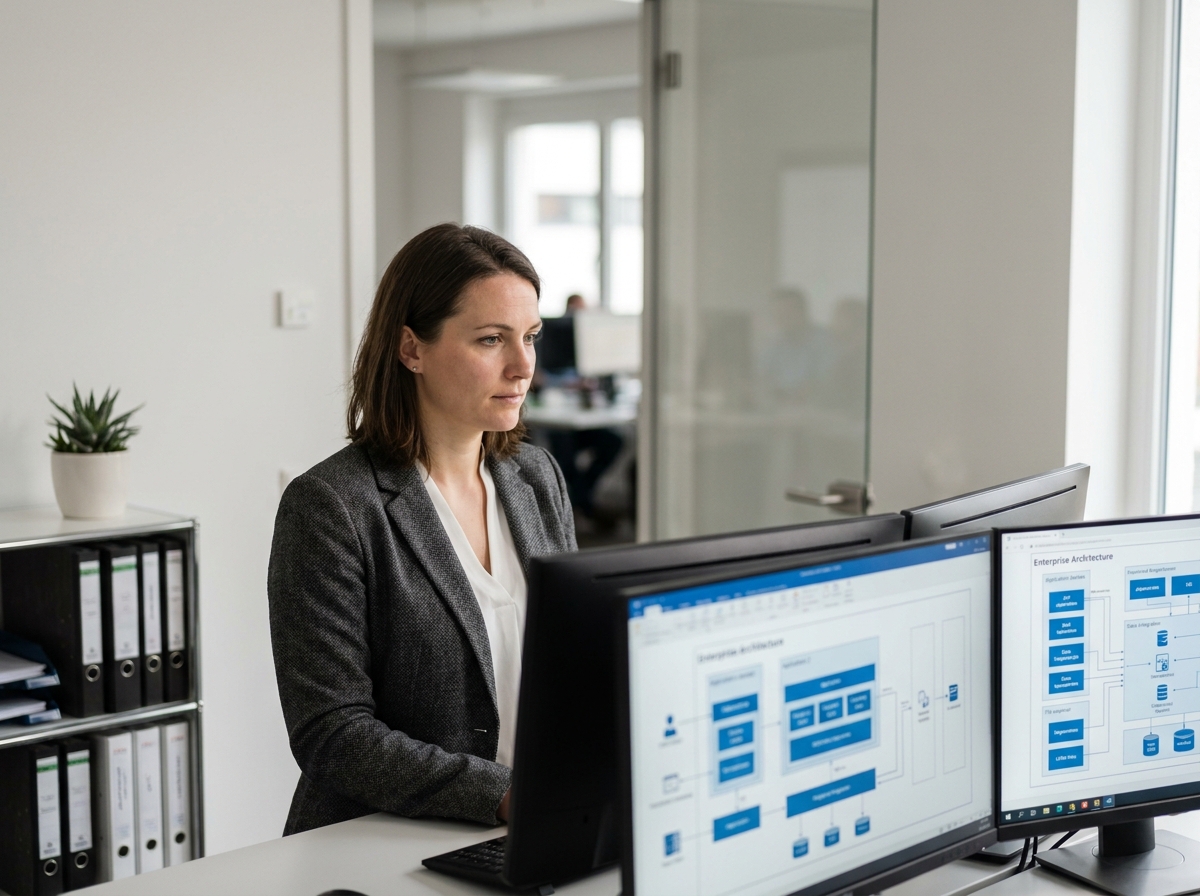 Consultante en architecture d'entreprise analysant des flux d'intégration sur deux écrans dans un bureau calme