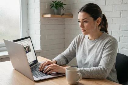 Femme utilisant un convertisseur vidéo en ligne sur un ordinateur portable dans un bureau à domicile