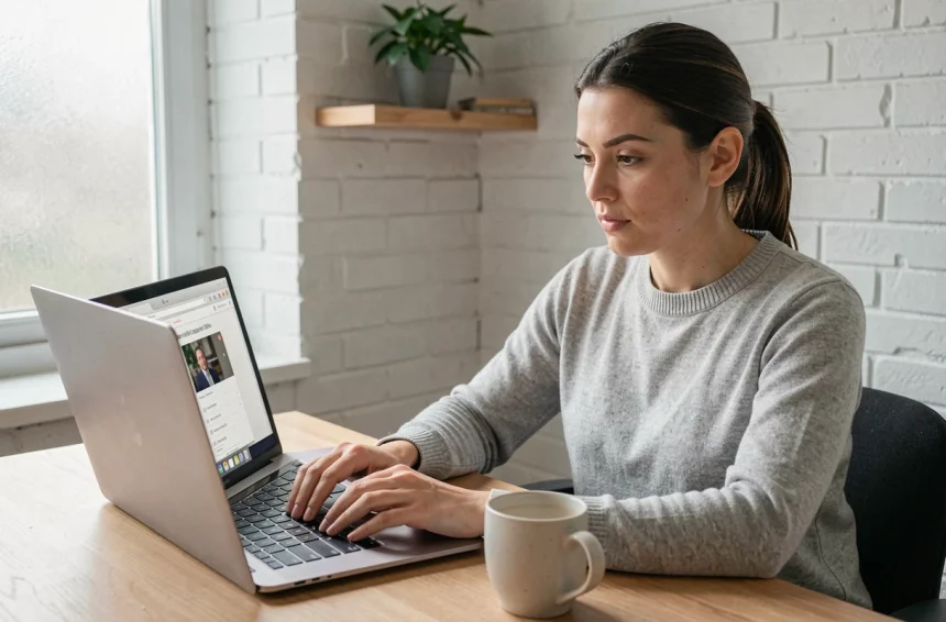 Femme utilisant un convertisseur vidéo en ligne sur un ordinateur portable dans un bureau à domicile
