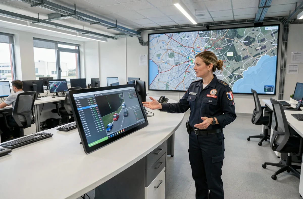 Coordinatrice du SDIS 61 gérant les interventions en temps réel via le système Artemis dans la salle opérationnelle