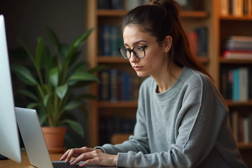Femme utilisant un correcteur orthographique en ligne comme Scribens sur son ordinateur portable dans un bureau à domicile
