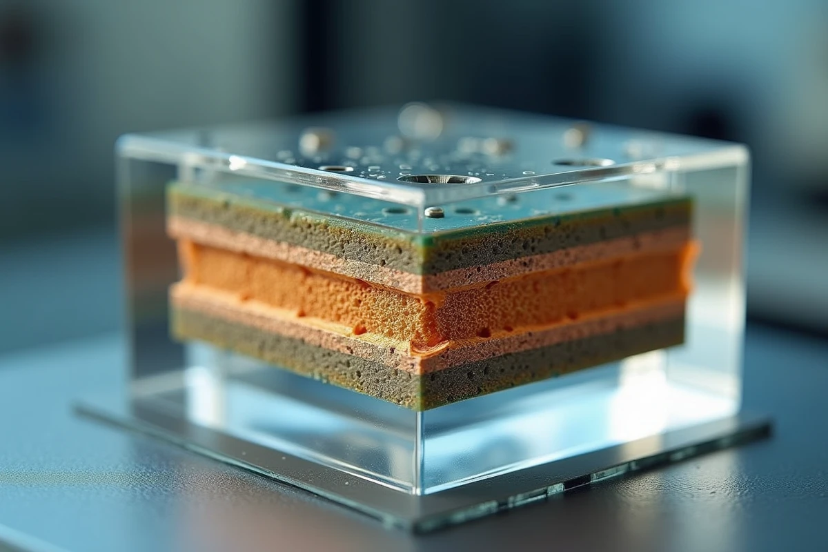 Coupe transversale d'une carte de circuit imprimé révélant des défauts de délaminage dans la métallisation sous les bumps de soudure en microscopie électronique
