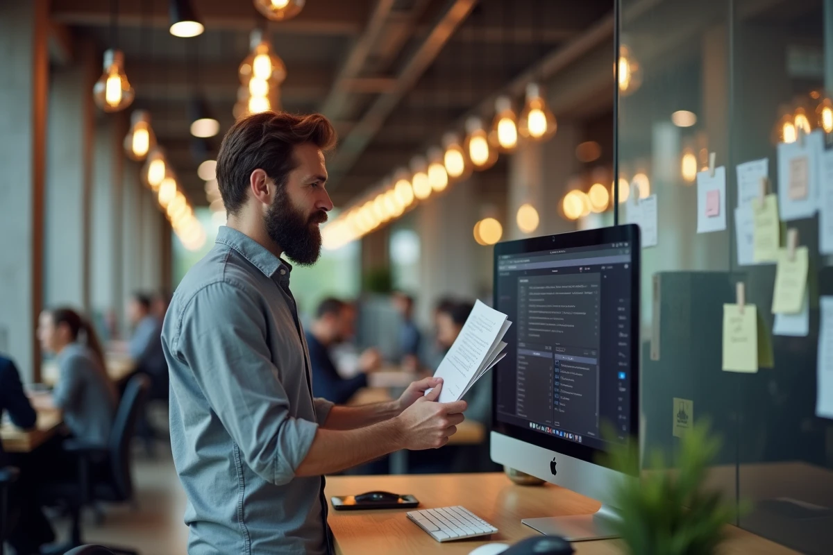 Homme utilisant une plateforme de partage de fichiers dans un espace de coworking moderne pour équipes distribuées