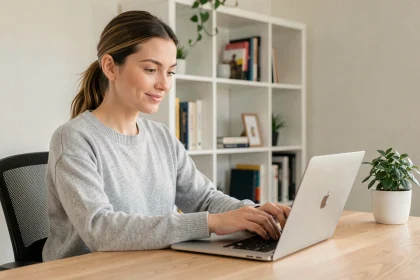 Jeune femme créant un compte en ligne sur un ordinateur portable dans un bureau à domicile organisé